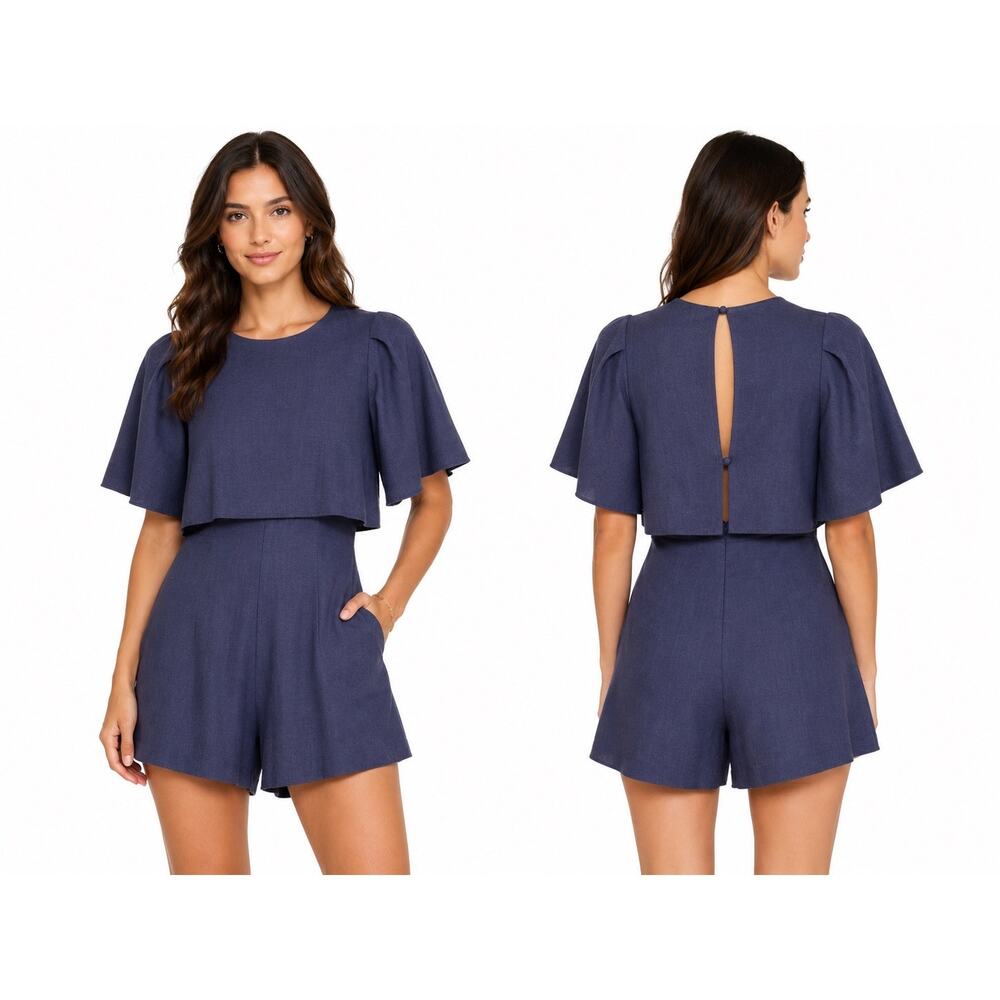 Club Monaco 2016 Blue Heathered Linen Blend Romper Keyhole Back XS Size 2